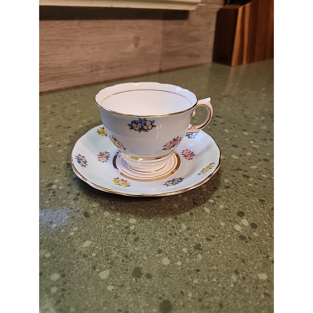VTG 1950s Blue Gold Floral Colclough Teacup & Saucer, Bone China England